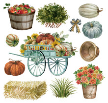 Set Of Autumn Farm Elements And Products Isolated On White Background.Hand-drawn Farmhouse Collection.Watercolor Collection Of Pumpkin, Sunflower, Rustic Wheelbarrow, Signpost, Hay, Apple Basket