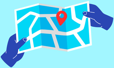 Poster - Gps navigation, tracking, cartography. Person holding map of area with mark. Map for orientation while hiking and determination of location. Scheme of guide roads and routes vector illustration