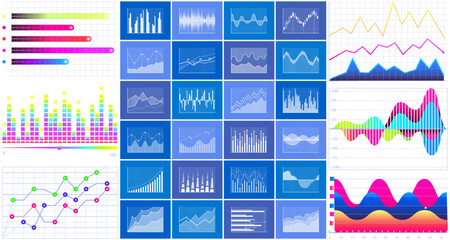 Poster - Intelligent technology hud interactive panel. Data screen with charts, diagrams. Futuristic ui infographics on white background. Diagram lines color chart, graph presentation. Annual financial report