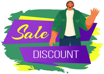 Wall Mural - Sale banner template design. Discount tag with sale promotional emblem with happy man waving hand. Big sale special offer end of season special price banner vector illustration. Only one day best deal