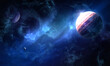 bright blue radiance of stars in space and planet, abstract space 3d illustration