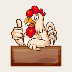 Wall Mural - Chicken Logo Cartoon Character. Cute Cartoon Rooster Chicken gives thumbs up. Vector logo illustration.