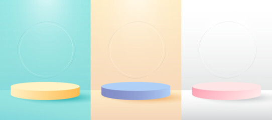 Aufkleber - Set podium realistic 3d cylinder pedestal podium with circle neon lamp background. Abstract vector rendering geometric forms. Minimal scene. Stage showcase