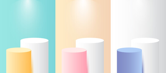 Aufkleber - Set podium realistic 3d cylinder pedestal podium with circle neon lamp background. Abstract vector rendering geometric forms. Minimal scene. Stage showcase