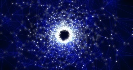 Poster - A spinning bright luminous blue unusual beautiful tunnel spiral of digital triangles connected by lines triangulation background space dark in high resolution 4k abstract animation motion design