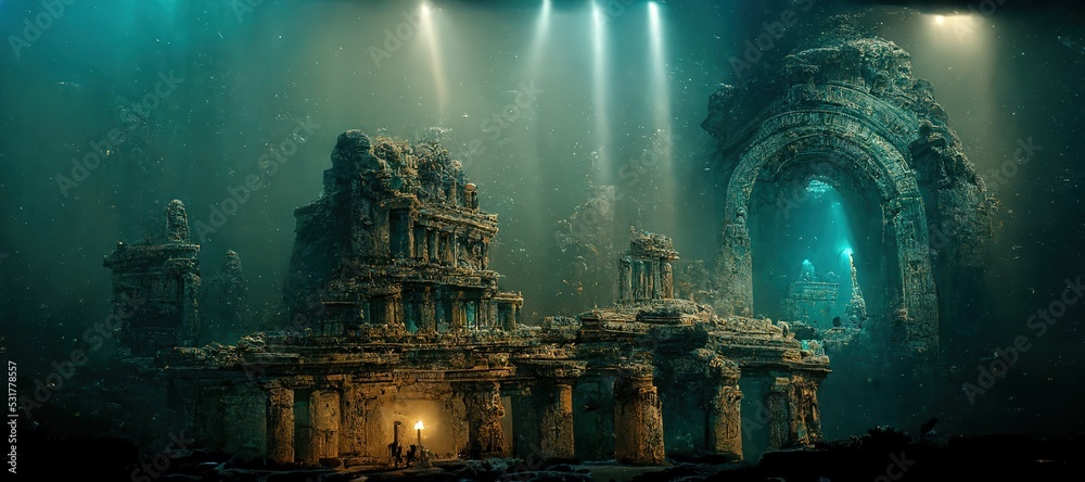 Raster illustration of underwater sunken ancient city. Ruins of an ...