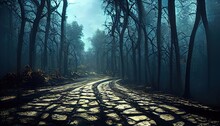 Raster Illustration Of Spooky Empty Road In Evening Scary Forest Under Clouds Of Smoke. Sabbath, Evil Spirits, Horror, Fear, Frightening Landscape. Bare Trees, Fright, Magical Realism. 3D Artwork