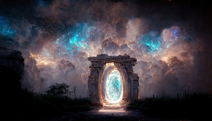 Leinwandbilder - Raster illustration of stone portal in the middle of the cloudy sky at night. Source of power, teleportation, elements of water, earth, other world, magical realism. 3d rendering design