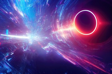 Poster - Raster illustration of abstract background of neon lines and circles in blue colors. Technology concept, patterns, matrix input, background for programmers. Futurism concept. 3d rendering