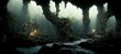Raster illustration of beautiful and gloomy dungeon. A hole deep in the forest, covered with moss, a scene from horror films, magic realism, mysticism. Beauty of nature concept. 3d rendering