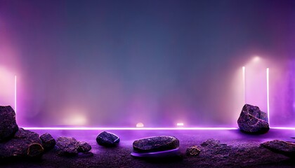 Poster - Raster illustration of a beautiful podium with a display of stones with neon lighting. Rock, ancient stone, ancient runes, culture, lamp, precious mineral. Futurism concept 3d rendering artwork