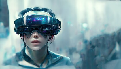 Leinwandbilder - Raster illustration of curly man in virtual reality glass. Cyberpunk, metaverse, artificial intelligence, vr, augmented reality helmet, gaming, neon blue lights, future technologies. 3D artwork