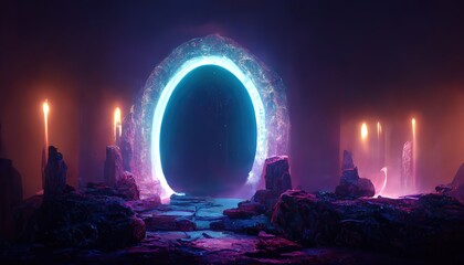 Leinwandbilder - Raster illustration of magical neon blue stone portal with abstract patterns and dark path. Magic realism, parallel reality, world, teleportation, ancient architecture, glow. 3D rendering illustration