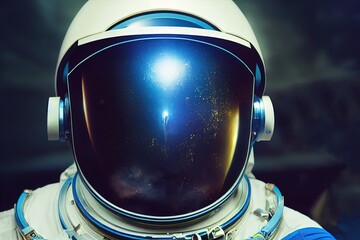 Wall Mural - Raster illustration of space suit. Science, exploration, outer space, neon blue lights, oxygen tubes, protection from chemicals, smoke, dust, radiation. Protective clothing concept. 3D artwork raster