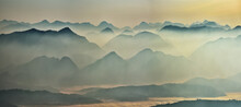Silhouettes Of Morning Mountains. Foggy Morning In The Carpathians. Mountain Landscape