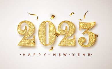 Wall Mural - new year banner with 2023 gold glitter numbers on bright background with flying confetti. banner for