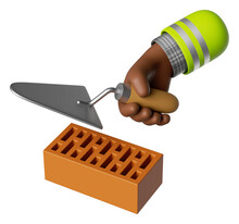 3d Render, Cartoon African Human Hand With Dark Skin. Professional Bricklayer Holds Trowel And Red Brick. Building Tool. Construction Icon. Masonry Work Clip Art Isolated On White Background