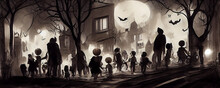 Halloween Trick Or Treat Full Of Kids, Silhouette Digital Artwork. Black And White Illustration Of The Festivities On Halloween Night. Cartoon Style Background Wallpaper For Holiday Celebrations.