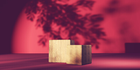Poster - wooden cube blocks in a room with shadow of trees - 3d render