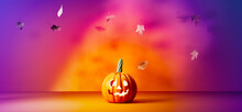 Halloween Pumpkin Ghost With Falling Leaves - 3D Render