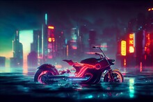 Cyberpunk Motorcycle In Pool Of Water With Reflections Of A Megacity At Night