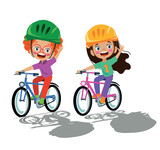 Fototapeta Dinusie - cute boys and girls riding bikes