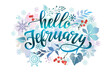 Hello February banner with colorful leaves, snowflakes, berries and lettering inscription. Winter background.