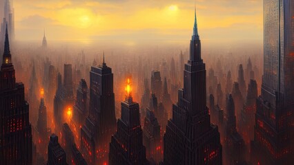 Dark neon city with New York skyscrapers, Light in the windows, neon streets, top view of the city, sunset. 3D illustration.