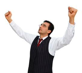 Wall Mural - gesture series: businessman is euphoric and stretches his hands up.