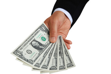 Wall Mural - money series: man hands over dollar bills, detail shot.