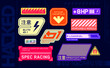 Racing decals stickers. Set of vector stickers and labels in futuristic style. Inscriptions and symbols, Japanese hieroglyphs for danger, attention, AI controlled, high voltage, warning.	