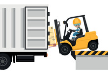 Overturning Of Forklift Loading Pallet Of Boxes To A Cargo Truck. Stay Inside The Cabin. Safety In Handling A Fork Lift Truck. Security First. Work Accident. Industrial Safety And Occupational Health