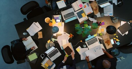 Poster - Collaboration, planning and teamwork in a busy office with corporate employee working late on innovation and new idea. Above view of colleagues sharing strategy and vision while working overtime