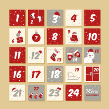 Vector Christmas Advent Calendar. Winter New Year Holidays Poster With Dates. Cute Decoration Xmas Day Celebration.Calendars Number Template.