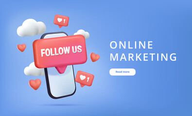 Poster - follow us social media platform, online social communication website. like, comment follower. 3d web