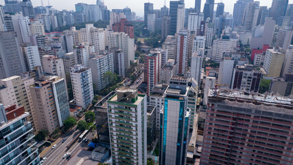  Aerial view of São Paulo, in the neighborhood of Jardins. Many residential buildings and a building under construction