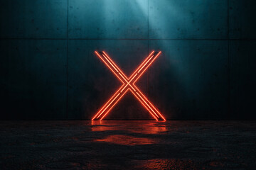 Fototapete - 3D rendering of framed lighten X alphabet shape on grunge floor