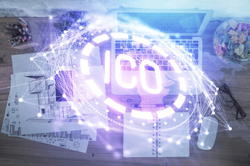 Aufkleber - Blockchain theme hologram drawings over computer on the desktop background. Top view. Double exposure.