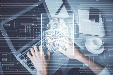 Poster - Double exposure of woman hands typing on computer and fingerprint drawing. Security concept.