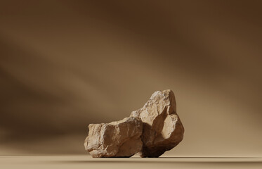 Wall Mural - 3D podium stone display on brown background. Beige rock, cosmetic beauty product promotion pedestal with sun shadow. Nature landscape showcase. Abstract minimal studio 3D render