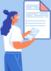 Poster - woman with document works in accounting, data analysis, audit, project management, research concept.