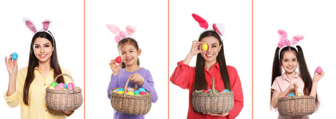 Sticker - Collage photos of people wearing bunny ears headbands on white background, banner design. Happy Easter