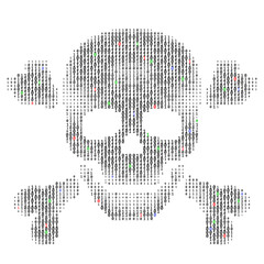 Wall Mural - skull with bones in binary code stream on black background.concept of hacker attack, cyber piracy.