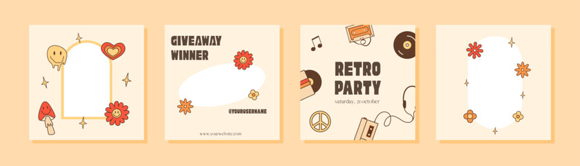 Poster - Social media ig post template with funky nostalgic frames. Retro 60s 70s aesthetic greeting cards. Vintage background for online blog. Vector set of square poster in groovy style with hippie symbols. 