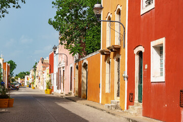 Buildings along the Calzada de los Frailes in Valladolid, Mexico.