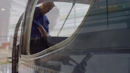 Poster - Animation of caucasian woman using digital tablet and mechanic repairing vehicle in garage