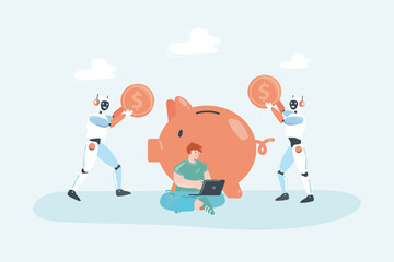 Wall Mural - Robots putting gold coin into piggy bank. Man sitting and working on laptop flat vector illustration. Investment, banking, wealth, saving, economy concept for banner, website or landing web page