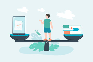 Books and phone balancing on scale flat vector illustration. Comparison of digital and paper media. Education, information concept for banner, website design or landing web page