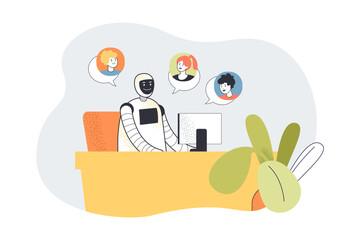 Poster - Robot sitting at desk in front of computer. Cyborg answering clients or users online flat vector illustration. Help, artificial intelligence concept for banner, website design or landing web page