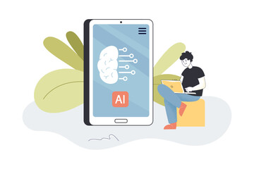 Poster - Huge phone with AI sign on screen flat vector illustration. Tiny man sitting and working on laptop. Artificial intelligence, future, machine concept for banner, website design or landing web page